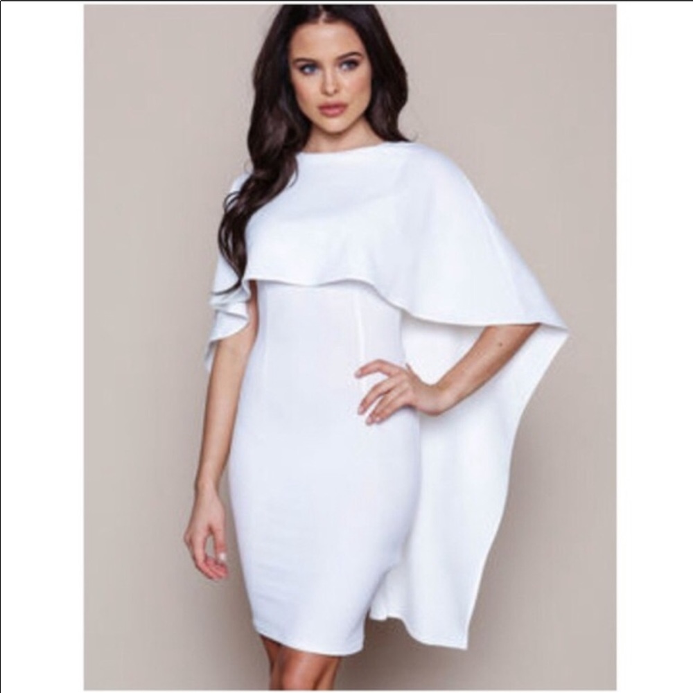 High Fashion White cape low V back zip dress